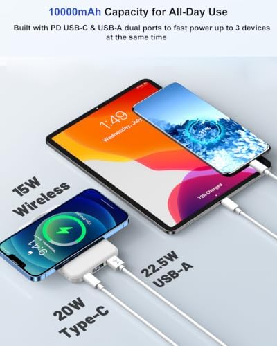 Azmuth 10000mAh Magnetic Power Bank for MagSafe, 20W PD USB-C Fast Charging Portable Charger with LED Display & Stand, Wireless External Battery Pack for iPhone 17/16/15/14/13/12 Series, White - Image 5
