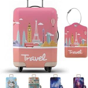 Suitcase Cover with Luggage Tag | Luggage Protector | Suitcase Protector Cover with Zipper - Luggage Cover Protection (Pink Travel, M)