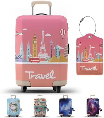 Suitcase Cover with Luggage Tag | Luggage Protector | Suitcase Protector Cover with Zipper - Luggage Cover Protection (Pink Travel, M)