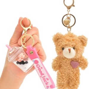 Cute Keychain Kawaii Boba Liquid Bear Keychain Cat Key Chain Backpack Charm Women Men Girl Boy Kid Teens Daughter