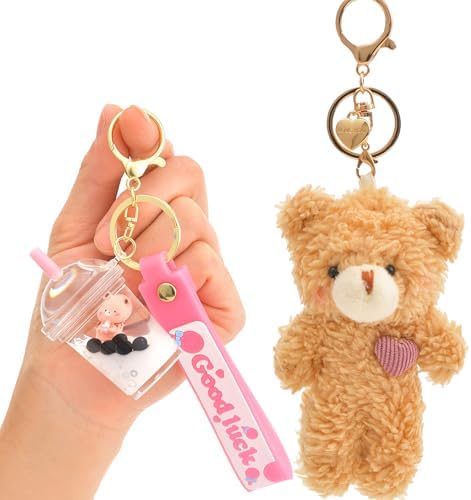 Cute Keychain Kawaii Boba Liquid Bear Keychain Cat Key Chain Backpack Charm Women Men Girl Boy Kid Teens Daughter