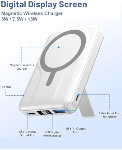 Azmuth 10000mAh Magnetic Power Bank for MagSafe, 20W PD USB-C Fast Charging Portable Charger with LED Display & Stand, Wireless External Battery Pack for iPhone 17/16/15/14/13/12 Series, White - Image 3
