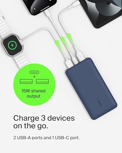Belkin 10000mAh portable power bank, 10K USB-C portable charger with 1 USB-C port and 2 USB-A ports, battery pack for up to 15W charging for iPhone, Samsung Galaxy, AirPods, iPad, and more - Blue | 10K Portable Charger, Charge Up to 3 Devices (1 x USB-C, 2 x USB-A Ports), 15W, LED Indicator, Made with Recycled Plastic - Image 3