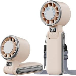 SHEWIND Portable Handheld Fan with Ice Cooling - 5 Gear High Speed Personal Turbo Fan Rechargeable, Up to 13 Hrs, Mini Hand Fans for Travel Essentials, Beach Vacation, Gifts for Women, Men (Cream)