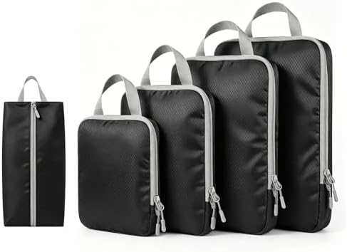 Compression Packing Cubes for Suitcases, Ultralight 5 Set Packing Cubes for Backpack Waterproof Travel cubes Suitcase Organizer Bags Set for Luggage Travel Essentials (Black)