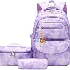 3Pcs Gradient Star Backpack Set for Girls with Lunchbox & Pencil Case, Star Print Girls Backpack School Bag and Lunch Bag Set