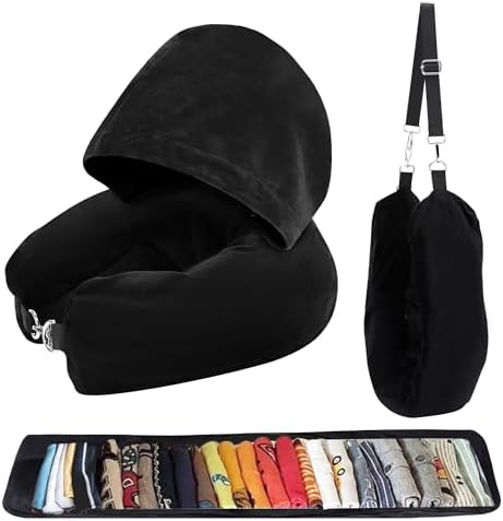 Stuffable Neck Pillow for Travel with Hood, Hoodie Travel Neck Pillow Stuffable with Clothes, Fillable Travel Pillow Storage Bag, Soft Empty Neck Pillow Case, Packable for Airplane