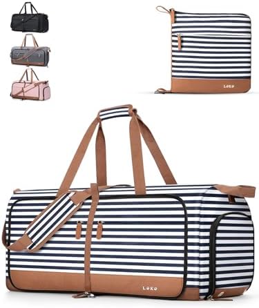 Lekesky Large Foldable Travel Duffe Bag - 60L Waterproof Holdall Luggage Bag with Shoes Compartment, Weekend Overnight Sports Bag for Women and Men(Striped, 63 * 30 * 28cm)