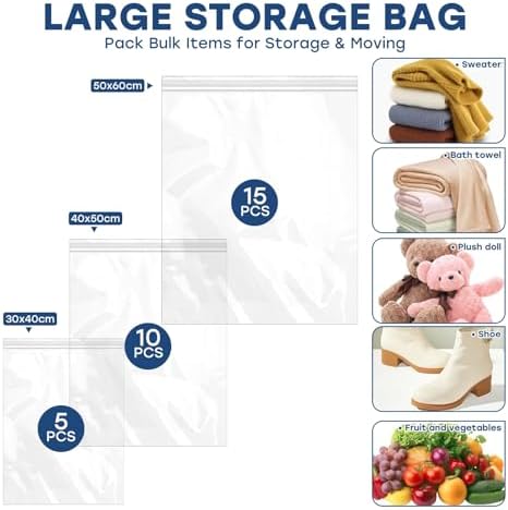 25PCS Reusable Large Travel Clothes Bags Plastic Hospital Bags, Waterproof Ziplock Bag Transparent Large Storage Organiser for Clothes Luggage 50X60CM,40X50CM,30X40CM (Without Hole) - Image 2