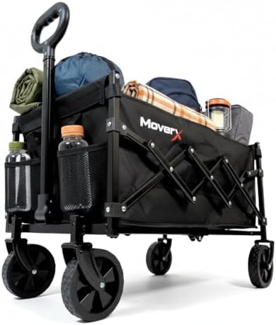 MoverX 70L Festival Trolley on Wheels, Folding Wagon, Portable Camping Cart, Collapsible Foldable Trolly for Beach Outdoor Garden Picnic Shopping Fishing, Adjustable Handle, Black