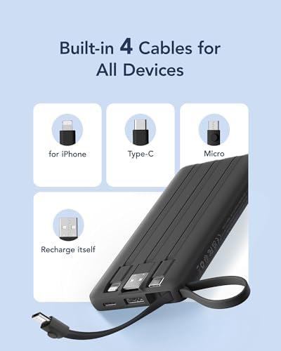 VRURC 10000mAh Power Bank With Built in Cables,USB C Battery Pack Portable Charger with 5 Outputs 2 Inputs Powerbank LED Display compatible with iPhone 17 16 15 14, Samsung,Android-Dark(1 Pack) - Image 2
