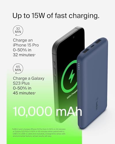 Belkin 10000mAh portable power bank, 10K USB-C portable charger with 1 USB-C port and 2 USB-A ports, battery pack for up to 15W charging for iPhone, Samsung Galaxy, AirPods, iPad, and more - Blue | 10K Portable Charger, Charge Up to 3 Devices (1 x USB-C, 2 x USB-A Ports), 15W, LED Indicator, Made with Recycled Plastic - Image 7