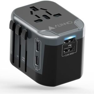 AUNNO Universal Travel Adapter, International Travel Plug Adapter with 2 USB-C and 2 USB Ports, All in One Plug Adaptor with Dual Safety Fuses, UK to European Plug Adaptor for EU USA Australia etc