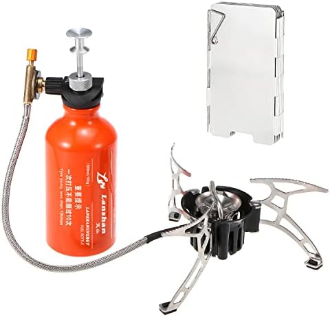 Camping Multi Fuel Oil Stove with 500ml Gasoline Fuel Bottle and 9-Plate Camp Stove Windscreen Windshield for Diesel Alcohol