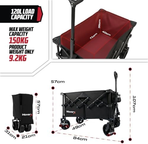 MoverX 120L Festival Trolley on Wheels, Folding Wagon, Portable Camping Cart, Collapsible Foldable Trolly for Beach Outdoor Garden Picnic Shopping Fishing, Wide Wheels, Adjustable Handle, Black - Image 3