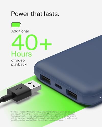 Belkin 10000mAh portable power bank, 10K USB-C portable charger with 1 USB-C port and 2 USB-A ports, battery pack for up to 15W charging for iPhone, Samsung Galaxy, AirPods, iPad, and more - Blue | 10K Portable Charger, Charge Up to 3 Devices (1 x USB-C, 2 x USB-A Ports), 15W, LED Indicator, Made with Recycled Plastic - Image 4