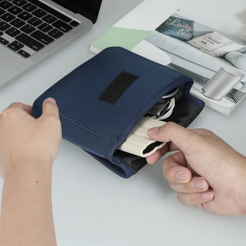 kwmobile Cable Organiser Bag - Soft Protective Neoprene Tech Pouch - 16 x 12 cm - Cable Travel Organiser Storage with 2 Interior Mesh Pockets - Dark Blue - Image 5