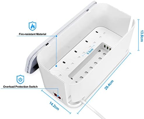 Extension Lead with USB Slots Cable Tidy Box, FDTEK 5 Way Plug Extension with 3 USB Ports and Cable Management Box, UK Power Strip with 2M Cord Overload Protection Switch for Home Office… - Image 7