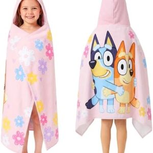 Get Trend Bluey Hooded Towels for Girls, Cotton Beach & Bath Towel Poncho, Soft & Absorbent Hooded Kids Shower Swimming Wrap & Changing Robe, Pool, Travel & Holiday Essentials (Pink Bluey)