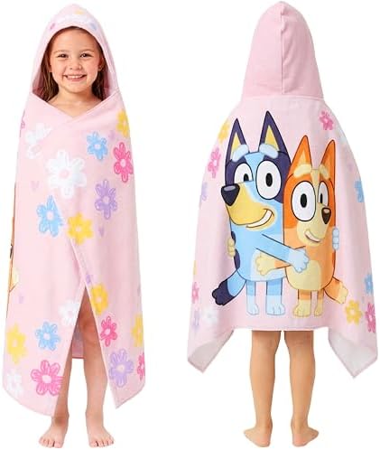 Get Trend Bluey Hooded Towels for Girls, Cotton Beach & Bath Towel Poncho, Soft & Absorbent Hooded Kids Shower Swimming Wrap & Changing Robe, Pool, Travel & Holiday Essentials (Pink Bluey)