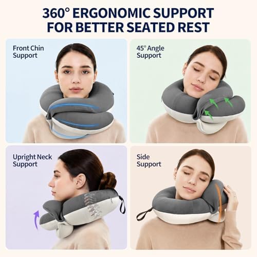 BUYUE Travel Neck Pillows for Airplanes, 360° Head Support Sleep for Long Flight, Skin-Friendly & Breathable, Kit with 3D Contoured Eye Mask, Earplugs and Storage Bag (Adult, Grey, 100+ lbs) - Image 2