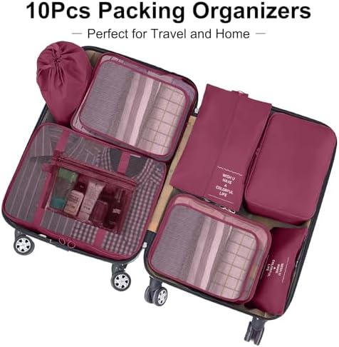 Packing Cubes for Suitcases, 10 pcs Packing Cubes Luggage Organiser Bags Travel Essentials Bags for Clothes Shoes Toiletries Travel Luggage Organizers Storage Bags-Burgundy - Image 6