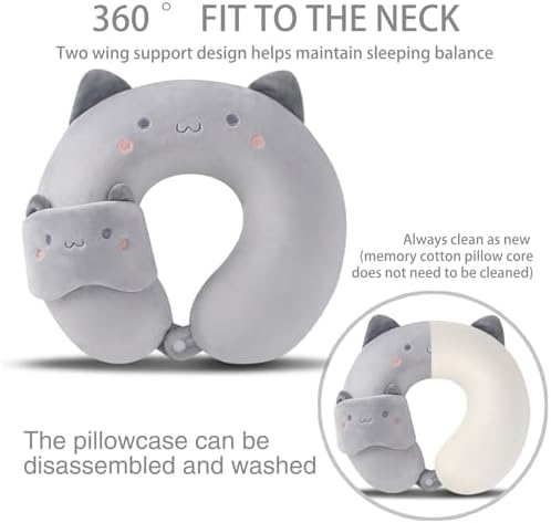 Travel Pillow Kids Travel Pillow with Sleep Eye Mask Cute Neck Pillow for Travel Soft Memory Foam Travel Neck Pillow for Adults and Kids Airplane Sleeping Travel and Camping (grey cat) - Image 4