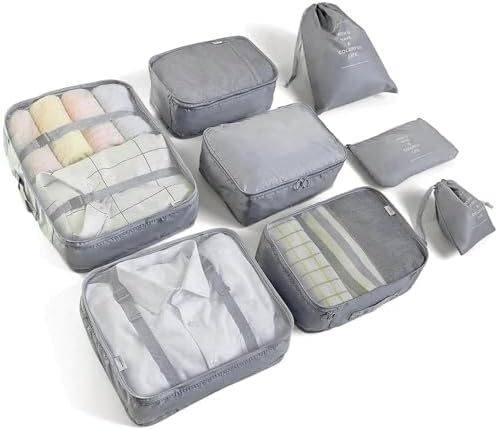 LANSKLBD 8 Set Packing Cubes for Suitcases, Travel Luggage Organizers, Essentials for Accessories, Shoe Bag, Toiletry Bag, Laundry Bag (Grey)