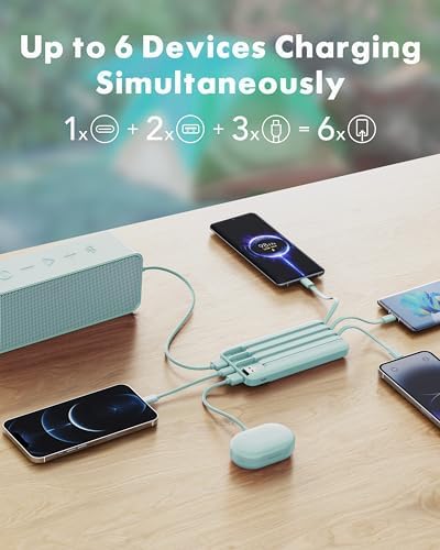 Charmast Power Bank with Built in Cables X 4, 10000mAh Portable Charger 6 Outputs 3 Inputs Travel Essentials, LED Display Type C Powerbank, Slim USB C Battery Pack Compatible with iPhone17/Samsung etc - Image 3