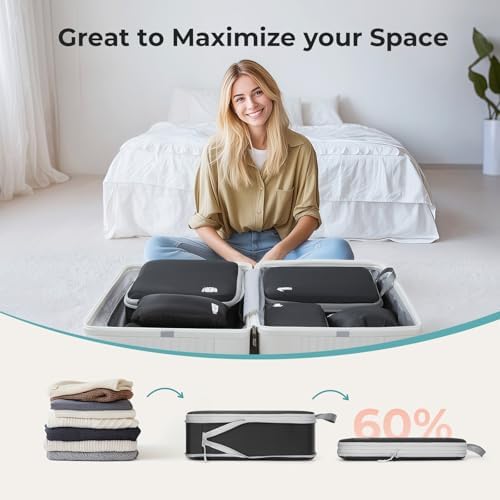 Samfolk Compression Packing Cubes for Suitcases Packing Cubes Compression Set Waterproof Suitcase Organiser Bags for Travel Suitcase Luggage Packing Organizer Bags Travel Essentials Black 8 Set - Image 2