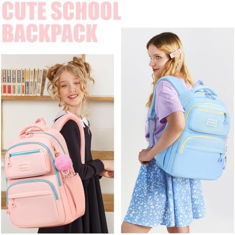 School Bag for Girls, Modern Contrast Color Kids Backpack for Primary High School Students, Fashion Bookbag Aged 6-12 with Furry Pom Pom - Image 7