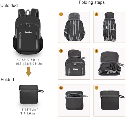 20L Ultra Lightweight Backpack Foldable Hiking Daypack Rucksack Water Resistant Travel Day Bag for Men Women Kids Outdoor Camping Mountaineering Walking Cycling Climbing (Black) - Image 3