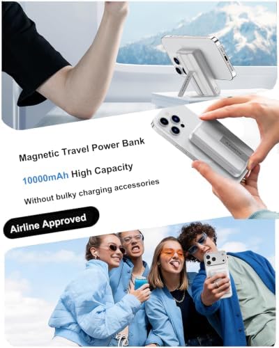 Azmuth 10000mAh Magnetic Power Bank for MagSafe, 20W PD USB-C Fast Charging Portable Charger with LED Display & Stand, Wireless External Battery Pack for iPhone 17/16/15/14/13/12 Series, White - Image 7