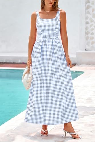 PRETTYGARDEN Women's 2025 Summer Spaghetti Strap Maxi Dresses Plaid Square Neck A Line Casual Beach Vacation Long Sundress - Image 5