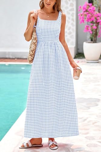 PRETTYGARDEN Women's 2025 Summer Spaghetti Strap Maxi Dresses Plaid Square Neck A Line Casual Beach Vacation Long Sundress - Image 3