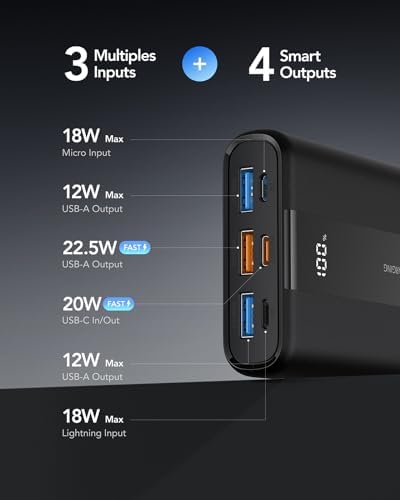 VRURC Power Bank 20000mAh,Portable Charge Fast Charging USB C 22.5W Small Battery Pack PD QC 3.0 with 3 Input &4 Output Compatible iPhone Samsung,Smartphones Tablets and More - Image 4