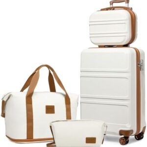 Kono Suitcase Lightweight ABS+PC Hard Shell Carry-Ons Cabin Case 12'' and 20'' Luggage Set with TSA Lock Luggage Sets of 4 Piece Included Duffels Bag & Toiletry Bag for Travel(Cream White)