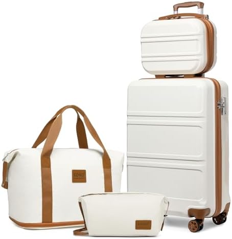 Kono Suitcase Lightweight ABS+PC Hard Shell Carry-Ons Cabin Case 12'' and 20'' Luggage Set with TSA Lock Luggage Sets of 4 Piece Included Duffels Bag & Toiletry Bag for Travel（Cream White）