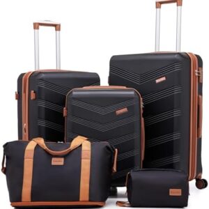 CONCEPTEN Expandable Hardshell Luggage Set 5 Piece, 22x14x9 Airline Approved Carry On, 20/24/28" Suitcase Set with TSA Lock, Spinner Wheels, ABS+PC (Black)