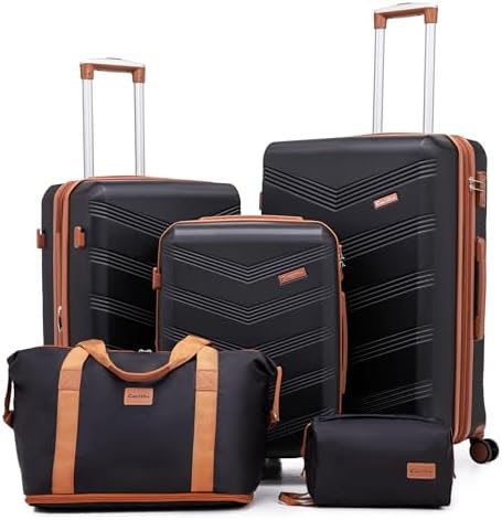 CONCEPTEN Expandable Hardshell Luggage Set 5 Piece, 22x14x9 Airline Approved Carry On, 20/24/28" Suitcase Set with TSA Lock, Spinner Wheels, ABS+PC (Black)