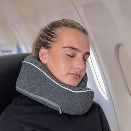 Relaxd Travel Pillow for Adults | Adjustable Memory Foam Neck Pillow for Travel | 360 Degree Neck Support | Removable Pillow Case | Includes Eye Mask, Earplugs, Travel Bag | Dark Grey | UK Brand - Image 3