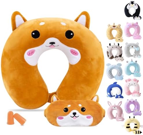 Cirorld Kids Travel Pillow Cute Neck Pillow Traveling Memory Foam Airplane Pillow with Sleep Mask Animal Flight Head Rest Neck Support for Cars Long Flights Sleeping Girls Boys-dog