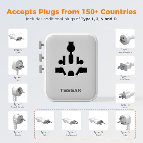 TESSAN Universal Travel Adapter 28W, Worldwide Plug Adaptor with 2 USB A and 3 USB C Ports, International Travel Adapter for EU, UK, USA, AU, Power Socket Charger for Multi Countries, Grey White - Image 7