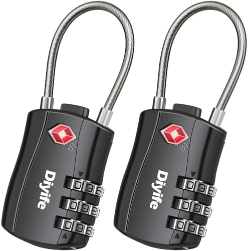 Diyife TSA Approved Luggage Locks with Flexible Steel Cable, Easy to Set up | 3-Digit Combination Suitcase Locks, Small Padlocks with Code for Travel, Bag, Backpack, Zinc Alloy Body (Black, 2 Pack)