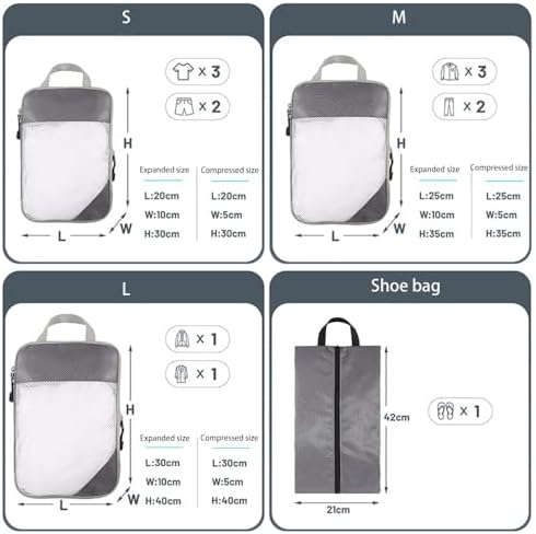 Travel Packing Cubes Set - 4pcs Compressible Storage Organizers for Clothes and Shoes - Expandable Folding Essentials (Grey) - Image 6
