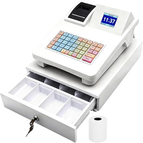 Cash Register Till Electronic, Registers Smart Till with Split Design Money Drawer Plug Play Compact Digital LED Commercial No WiFi for Small Business Shop Retail Hospitality White 48 Keys