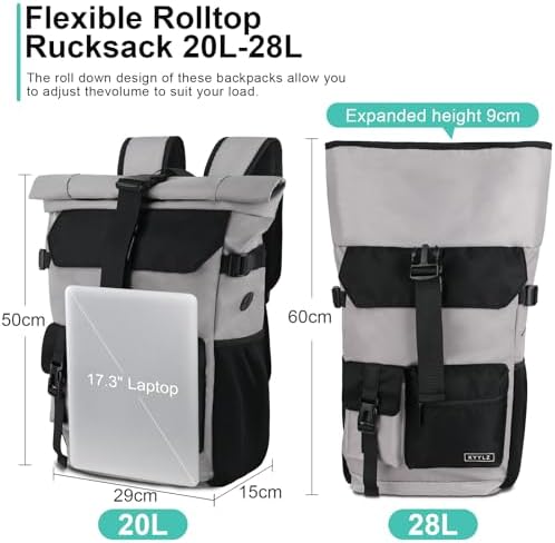 28 L Roll Top Backpack Mens, Large Waterproof Rucksack Womens, School Bag with Laptop Compartment 17 inch, Waterproof Backpack for Travelling Rucksack for University bag Business Sports, Grey - Image 2
