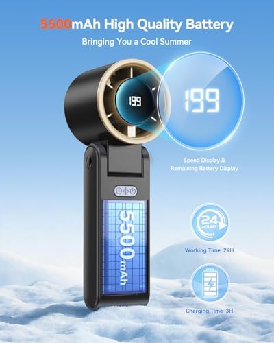 Portable Handheld Turbo Fan, 199 Gear Speed, 24 Hs Cooling Time, 5500mAh Rechargeable Mini Personal Hand Fan, Foldable Design, Travel Essentials, Beach Vacation, Gifts for Women,Men,Black Gold - Image 3