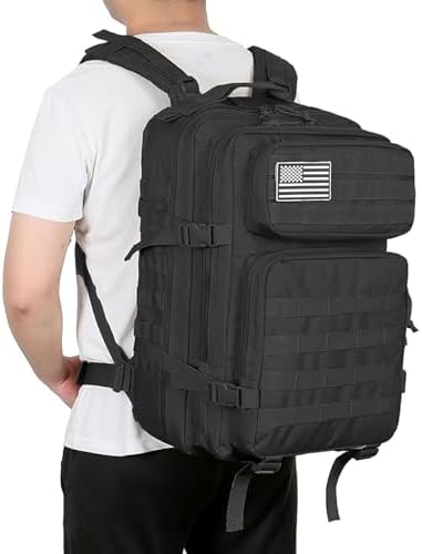 45L Military Tactical Backpacks Large Molle Army Assault Pack 3 Day Bug Out Bag Laptop Bag for Hiking Treeking Black Hunting Rucksack with 4 Flag Patches (Black) - Image 8
