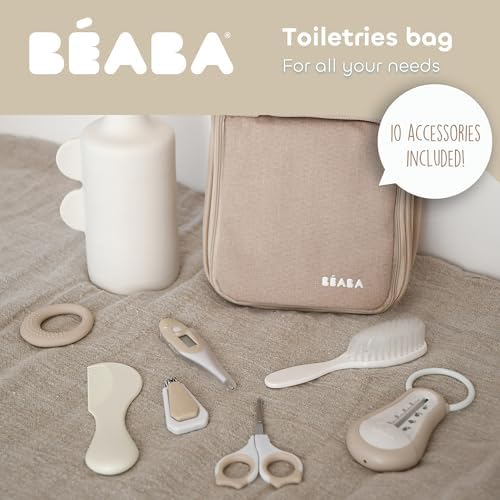 BÉABA Baby Travel Toiletries Bag – 10 Care Accessories from Birth – Rotating Hook, Compact Size, Double Zip – Thermometers, Nail Clippers, Baby Nasal Aspirator, Brush – Clay Colour - Image 3